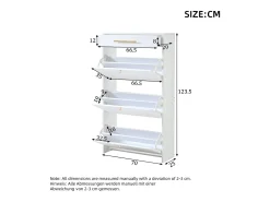 Mueble para zapatos moderno 70x25x123,5 cm - 3 puertas abatibles y 1 cajón - 6 estantes - MDF - Blanco