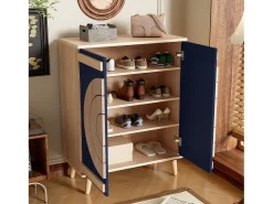 Mueble para zapatos moderno 76x37x98,5 cm - con 2 puertas - Almacenamiento multinivel - Patas de madera - Azul y natural