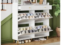 Mueble para zapatos 106.5x25x105.5cm - con 4 puertas abatibles y 2 cajones - blanco