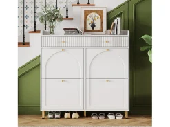 Mueble para zapatos 106.5x25x105.5cm - con 4 puertas abatibles y 2 cajones - blanco