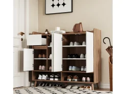Mueble para zapatos 120x35x90cm - con 4 puertas y 1 cajón - estante ajustable - Natural + Blanco