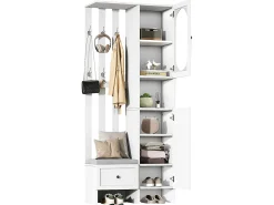 Mueble recibidor compacto con 2 puertas, cristal templado y banco, tablero de partículas, blanco (85x33,5x200cm)