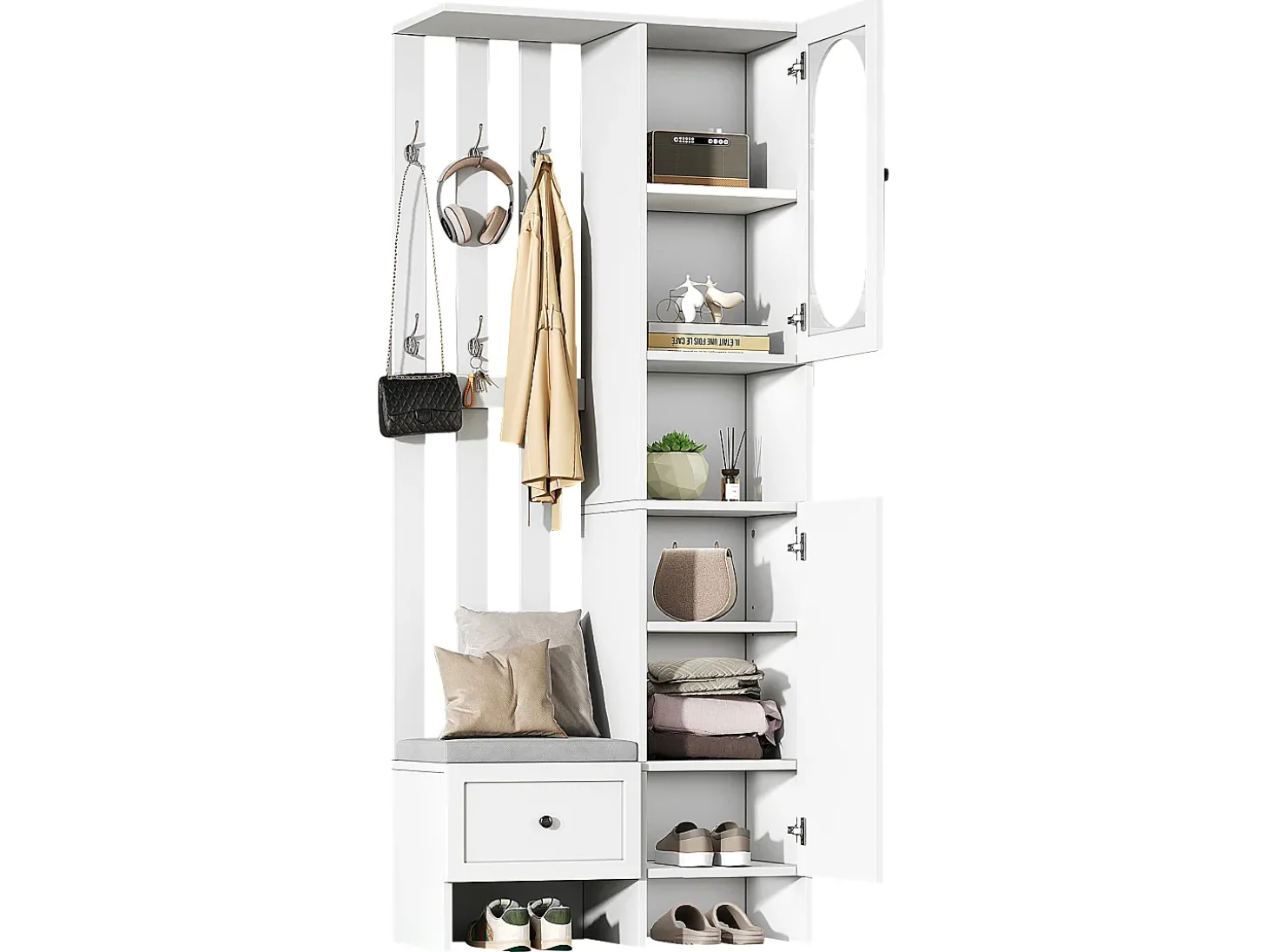 Mueble recibidor compacto con 2 puertas, cristal templado y banco, tablero de partículas, blanco (85x33,5x200cm)