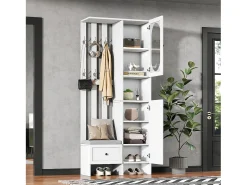 Mueble recibidor compacto con 2 puertas, cristal templado y banco, tablero de partículas, blanco (85x33,5x200cm)
