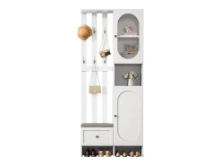 Mueble recibidor compacto con 2 puertas, cristal templado y banco, tablero de partículas, blanco (85x33,5x200cm)
