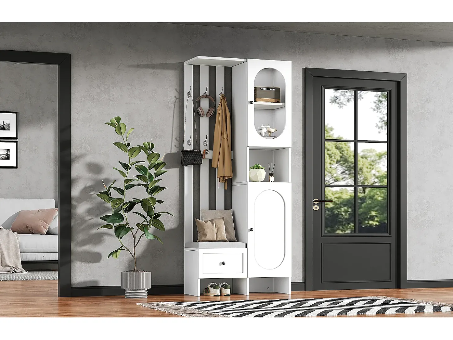 Mueble recibidor compacto con 2 puertas, cristal templado y banco, tablero de partículas, blanco (85x33,5x200cm)