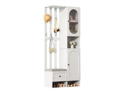 Mueble recibidor compacto con 2 puertas, cristal templado y banco, tablero de partículas, blanco (85x33,5x200cm)