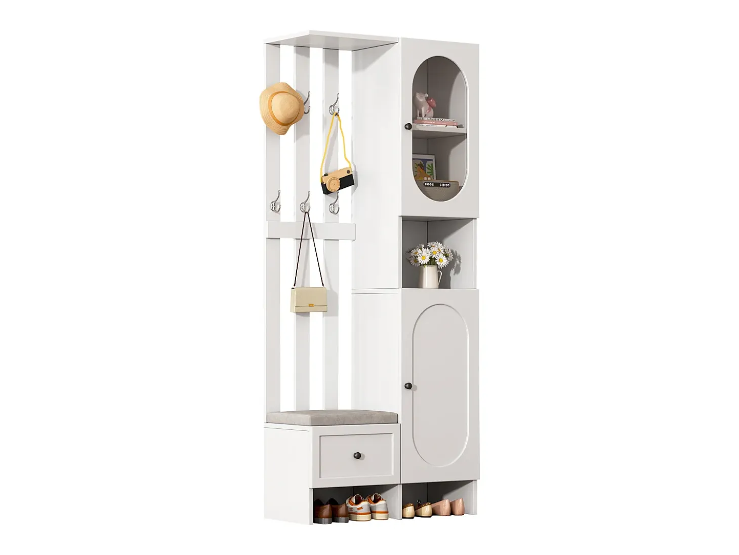 Mueble recibidor compacto con 2 puertas, cristal templado y banco, tablero de partículas, blanco (85x33,5x200cm)
