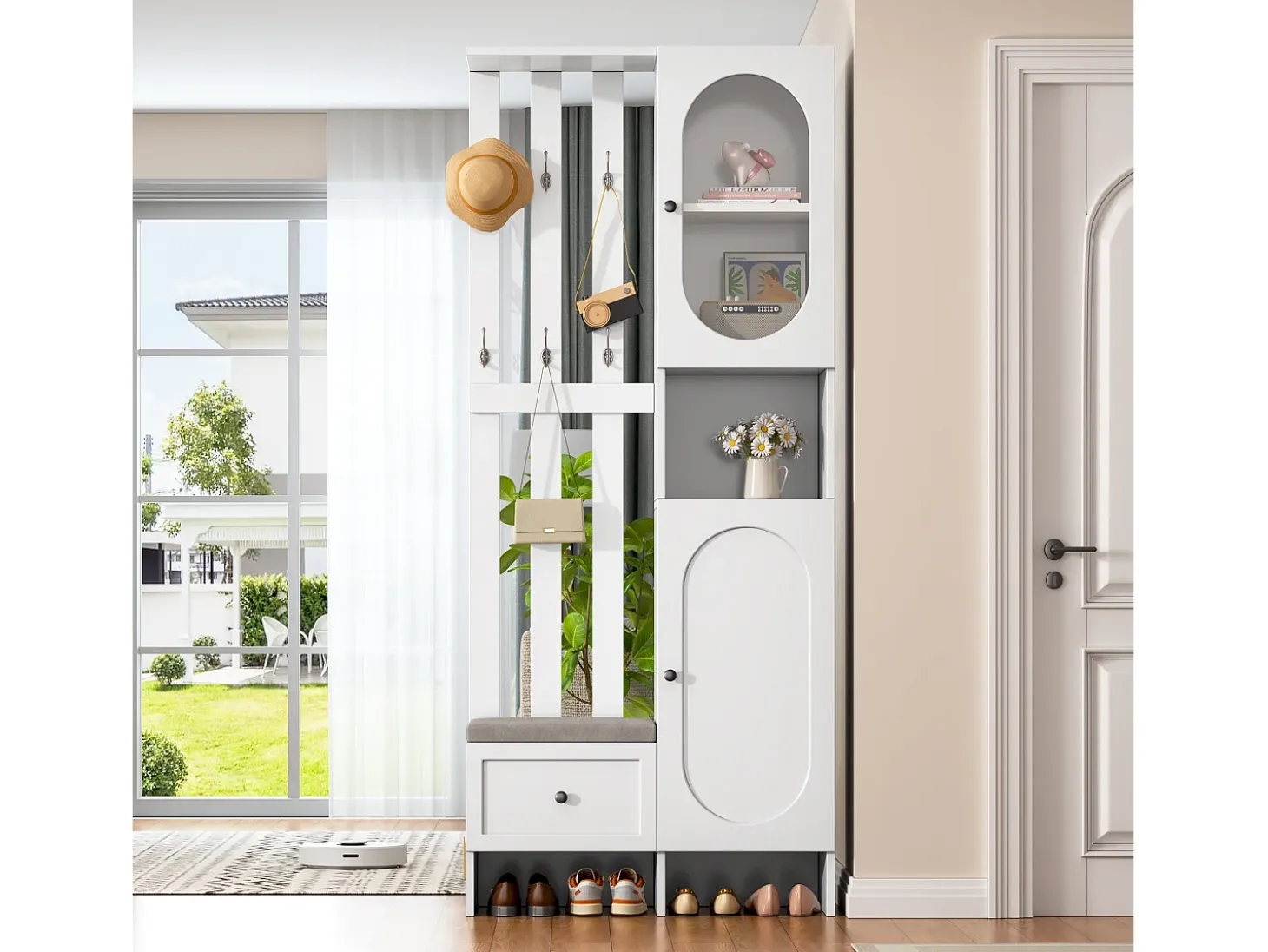 Mueble recibidor compacto con 2 puertas, cristal templado y banco, tablero de partículas, blanco (85x33,5x200cm)