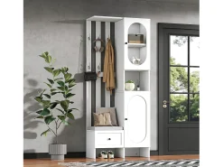 Mueble recibidor compacto con 2 puertas, cristal templado y banco, tablero de partículas, blanco (85x33,5x200cm)