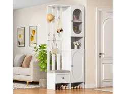 Mueble recibidor compacto con 2 puertas, cristal templado y banco, tablero de partículas, blanco (85x33,5x200cm)
