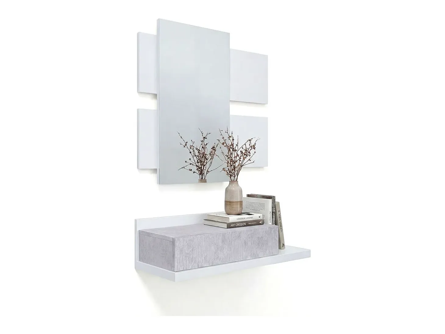 Mueble recibidor con 1 cajón y espejo en blanco mate y gris cemento 75 cm Milo Blanco Artik (Blanco Mate) - Gris Cemento