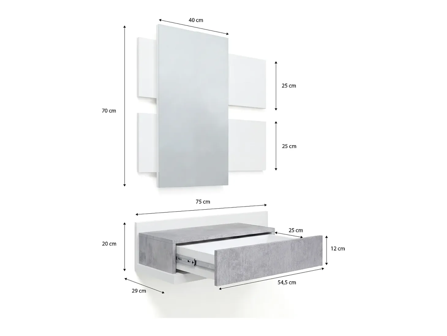 Mueble recibidor con 1 cajón y espejo en blanco mate y gris cemento 75 cm Milo Blanco Artik (Blanco Mate) - Gris Cemento