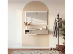 Mueble recibidor con 1 cajón y espejo en blanco mate y gris cemento 95 cm Derek Blanco Artik (Blanco Mate) - Gris Cemento