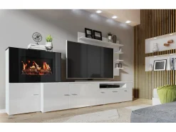 Mueble salón comedor con chimenea eléctrica, acabado Blanco Mate/Blanco Brillo Lacado, 290x45x170cm