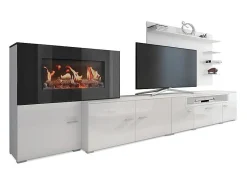 Mueble salón comedor con chimenea eléctrica, acabado Blanco Mate/Blanco Brillo Lacado, 290x45x170cm