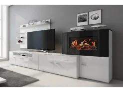 Mueble salón comedor con chimenea eléctrica, acabado Blanco Mate/Blanco Brillo Lacado, 290x45x170cm