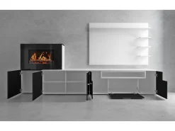 Mueble salón comedor con chimenea eléctrica, acabado Blanco Mate/Blanco Brillo Lacado, 290x45x170cm