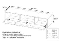 Mueble televisor Lana 140 Mueble de pared para televisión 140 x 29 x 37 cm, Cuerpo en Blanco Mate, Frentes en Roble natural | Gran variedad de colores
