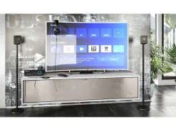 Mueble televisor Lana 140 Mueble de pared para televisión 140 x 29 x 37 cm, Cuerpo en Blanco Mate, Frentes en Gris arena de alto brillo | Gran variedad de colores