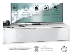 Mueble televisor Lana 140 Mueble de pared para televisión 140 x 29 x 37 cm, Cuerpo en Blanco Mate, Frentes en Gris arena de alto brillo | Gran variedad de colores