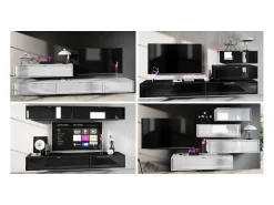 Mueble televisor Lana 140 Mueble de pared para televisión 140 x 29 x 37 cm, Cuerpo en Blanco Mate, Frentes en Gris arena de alto brillo | Gran variedad de colores