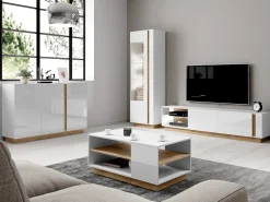 Mueble TV - 2 puertas y 2 estantes - Con LEDs - Blanco brillante y roble - MURARI