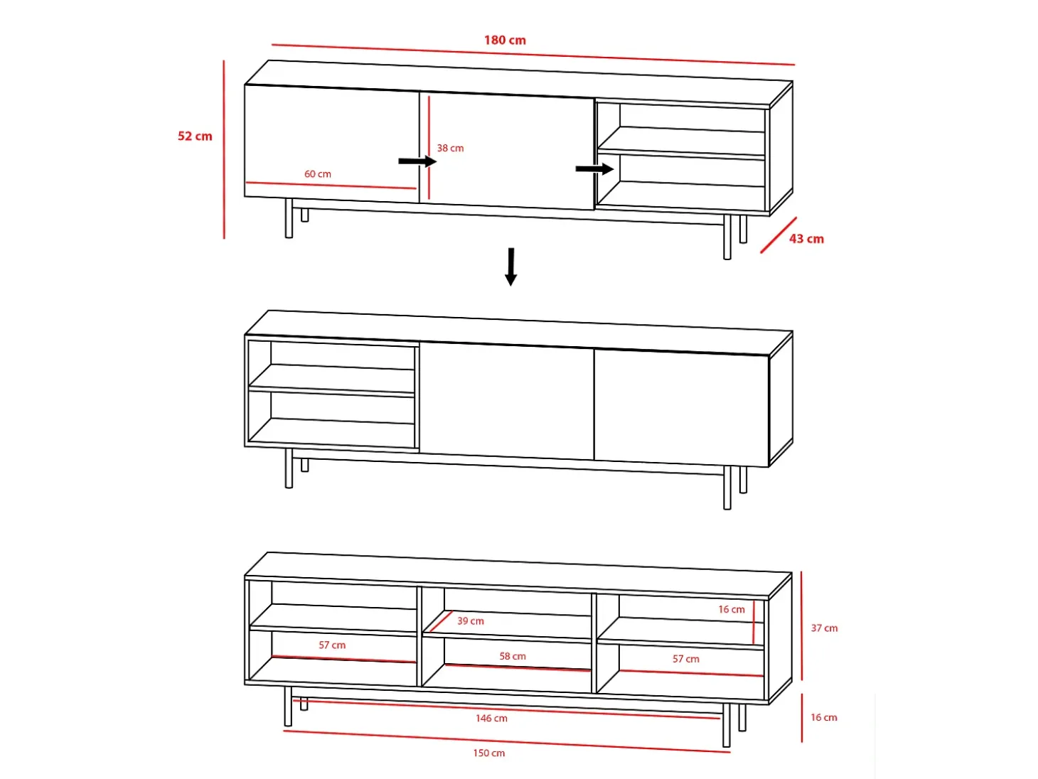 Mueble TV - A52cm x L180cm x F43cm - roble - Printed