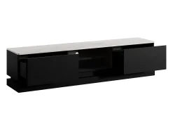 Mueble TV 2 cajones y 2 estantes con LEDs de MDF - Negro y efecto mármol blanco - DEVIKA