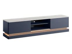 Mueble TV 2 cajones y 2 estantes con LEDs de MDF - Azul y efecto mármol blanco - DEVIKA