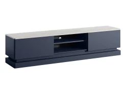 Mueble TV 2 cajones y 2 estantes con LEDs de MDF - Azul y efecto mármol blanco - DEVIKA