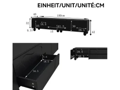 Mueble TV 180×40×42 cm - 2 cajones y 4 puertas - patas de madera maciza - paneles de partículas - negro