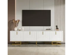 Mueble TV 160×38×44,5 cm - 4 puertas - Tiradores y patas dorados - Paneles de partículas - Blanco
