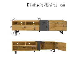 Mueble TV 170×36,5×42 cm - 3 puertas - 2 compartimentos de almacenamiento - Patas de metal en U - Aspecto madera - Natural