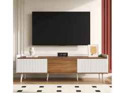 Mueble TV 160×39×49,5 cm - 3 puertas - Aspecto madera - MDF + Paneles de partículas - Blanco + Natural