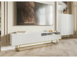 Mueble TV - con compartimento abierto - 175 cm - blanco con patas de metal dorado - VELDIO