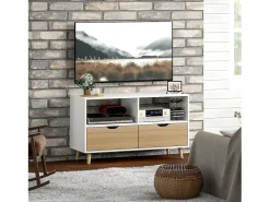 Mueble TV bajo con patas estilo escandinavo 2 cajones Color roble claro Blanco