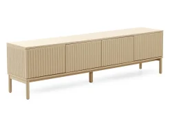 Mueble tv beig con ranuras acanaladas en puertas y laterales