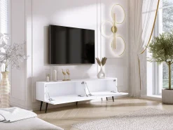 Mueble TV: Blanco Mate / Blanco Brillo, patas negras, 170 x 52 x 32 cm
