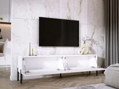Mueble TV: Blanco Mate / Blanco Brillo, patas negras, 170 x 52 x 32 cm
