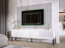 Mueble TV: Blanco Mate / Blanco Brillo, patas negras, 170 x 52 x 32 cm