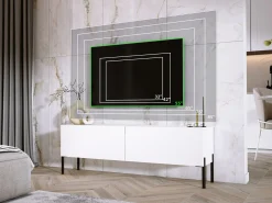 Mueble TV: Blanco Mate / Blanco Brillo Con patas negras, 140 x 52 x 32 cm