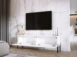 Mueble TV: Blanco Mate / Blanco Brillo Con patas negras, 140 x 52 x 32 cm