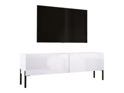 Mueble TV: Blanco Mate / Blanco Brillo Con patas negras, 140 x 52 x 32 cm