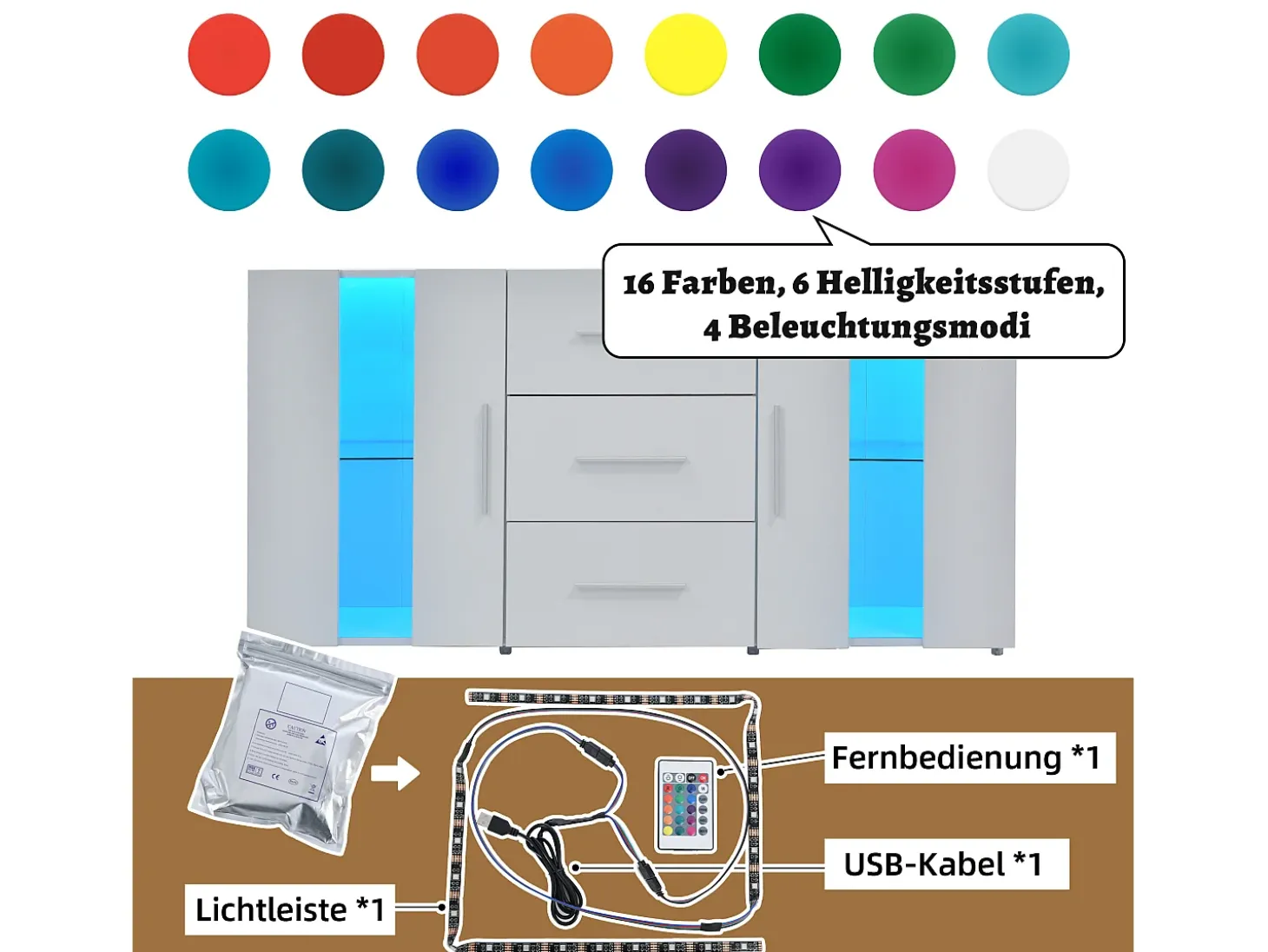 Mueble TV Buffet 140x35x70 cm con 2 cajones, 2 estantes y LED de 16 colores - MDF - Blanco