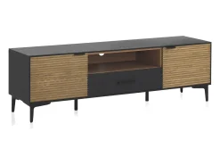 Mueble TV chapado en madera de fresno color negro con puertas en natural