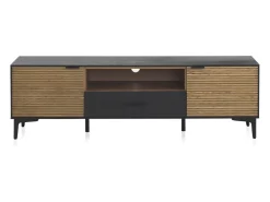 Mueble TV chapado en madera de fresno color negro con puertas en natural