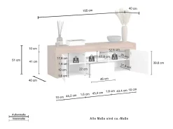 Mueble TV Chronos con 2 puertas y 1 cajón blanco brillo y roble 155x40x51 cm