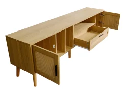 Mueble TV 180cm decorado con ratán - 2 puertas y 1 cajón - patas de madera maciza - Natural