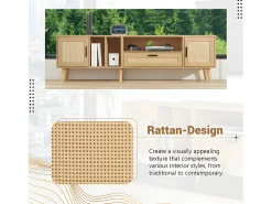 Mueble TV 180cm decorado con ratán - 2 puertas y 1 cajón - patas de madera maciza - Natural